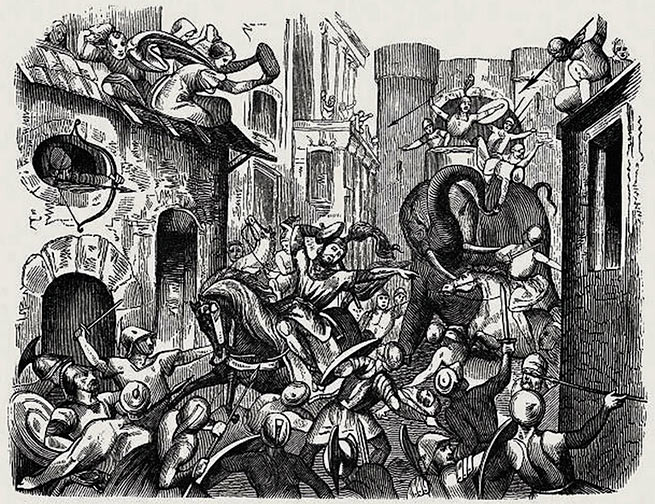 Гравюра, изображающая смерть великого воина и полководца в уличном бою