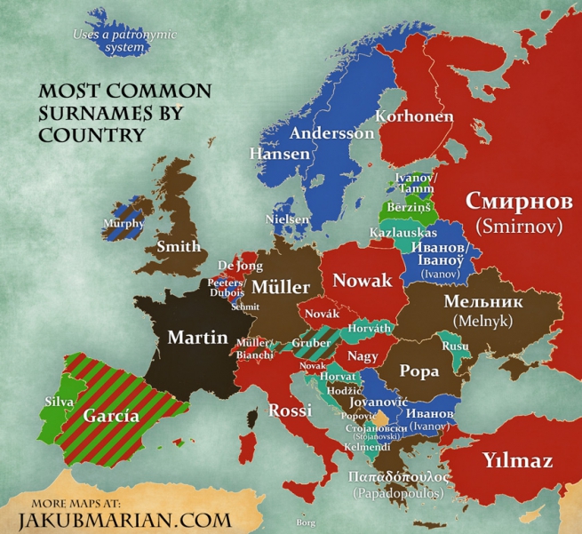Карту с наиболее распространенными фамилиями в Европе опубликовал блогер из Чехии